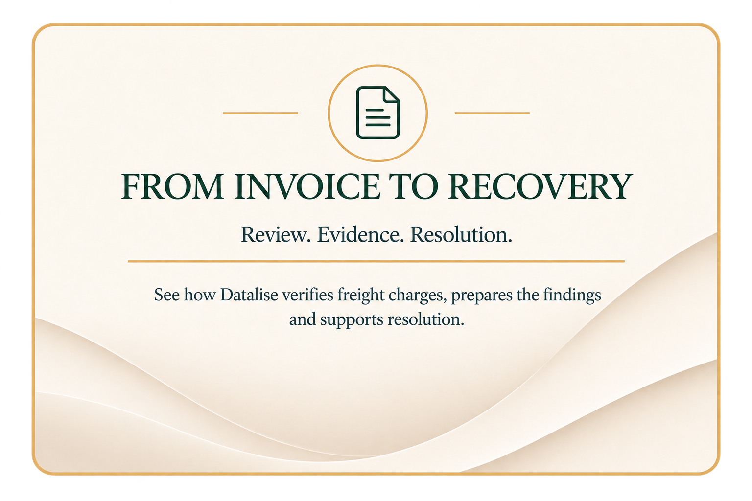Title slide with text 'From Invoice to Recovery' and a subtitle 'Review. Evidence. Resolution.' The slide has a cream background with a gold border and an icon of a document at the top center.