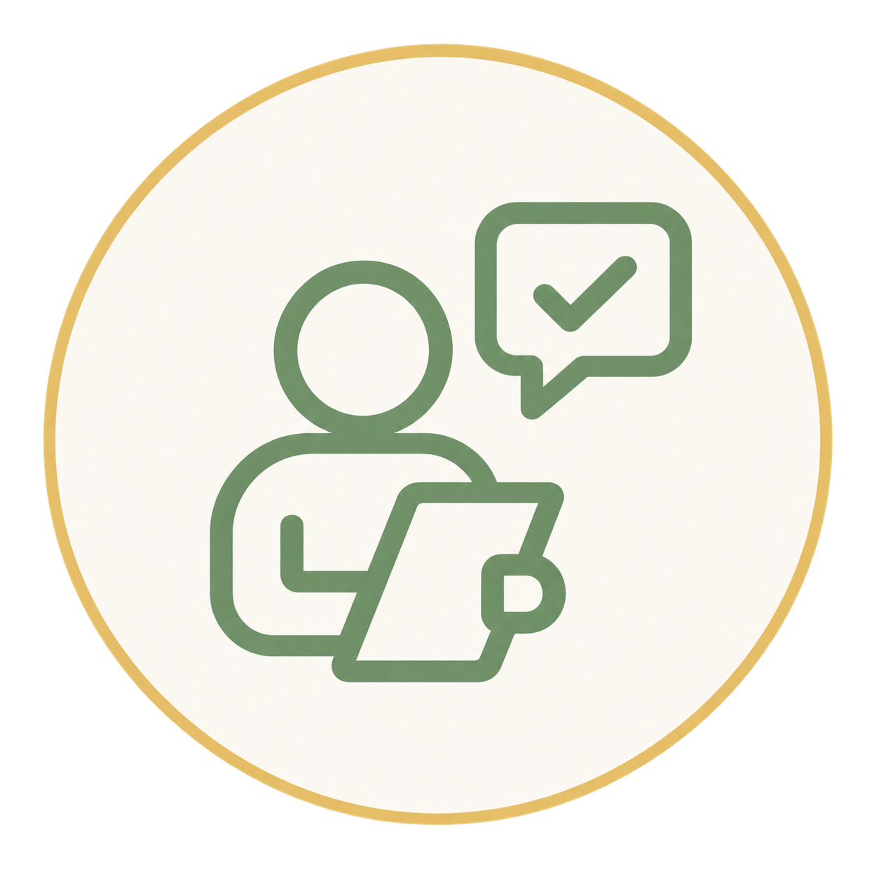 Icon of a person holding a phone with a checkmark in a speech bubble above.