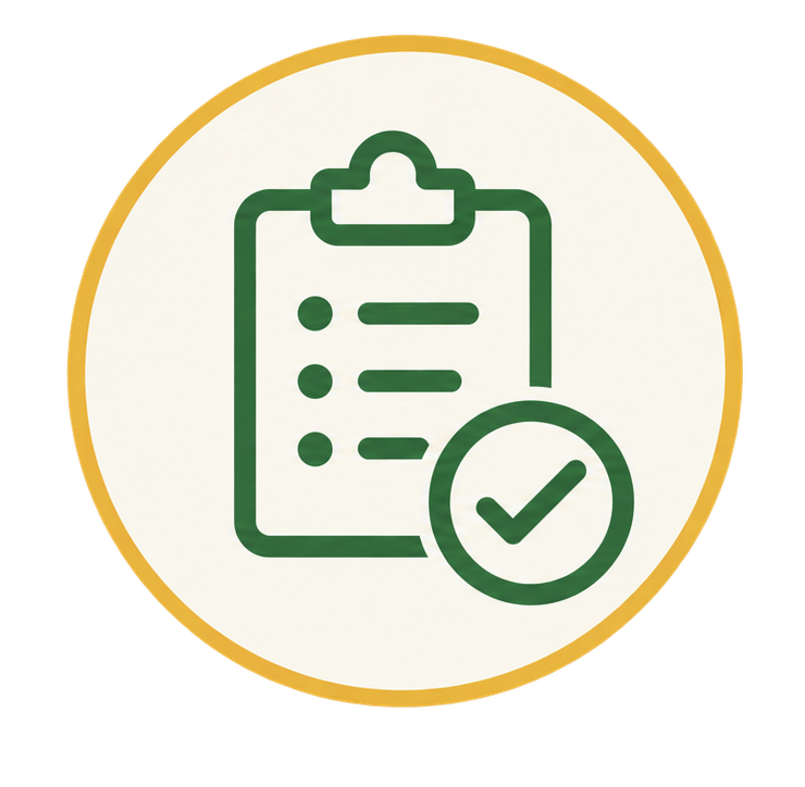 Icon of a clipboard with a checklist and a checkmark in a circle, indicating approval or completion.