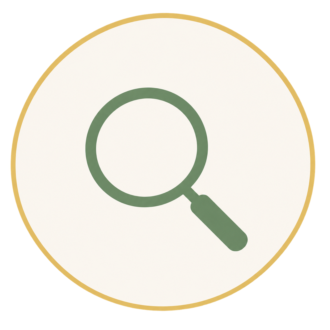 Magnifying glass icon inside a white circle with a gold border, set against a yellow background.