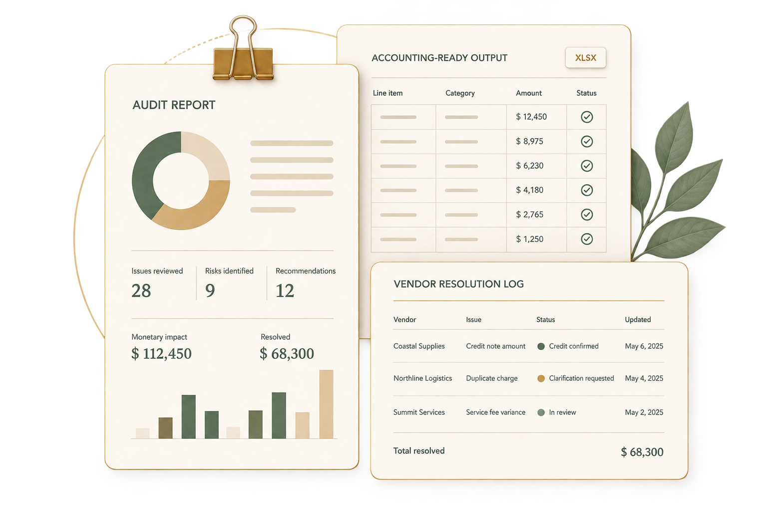 Digital dashboard showing financial reports, including an audit report with a pie chart, summary of issues reviewed, risks identified, recommendations, monetary impact, and resolved amount, along with an accounting-ready output table, and a vendor resolution log with vendor names, issues, statuses, and update dates.