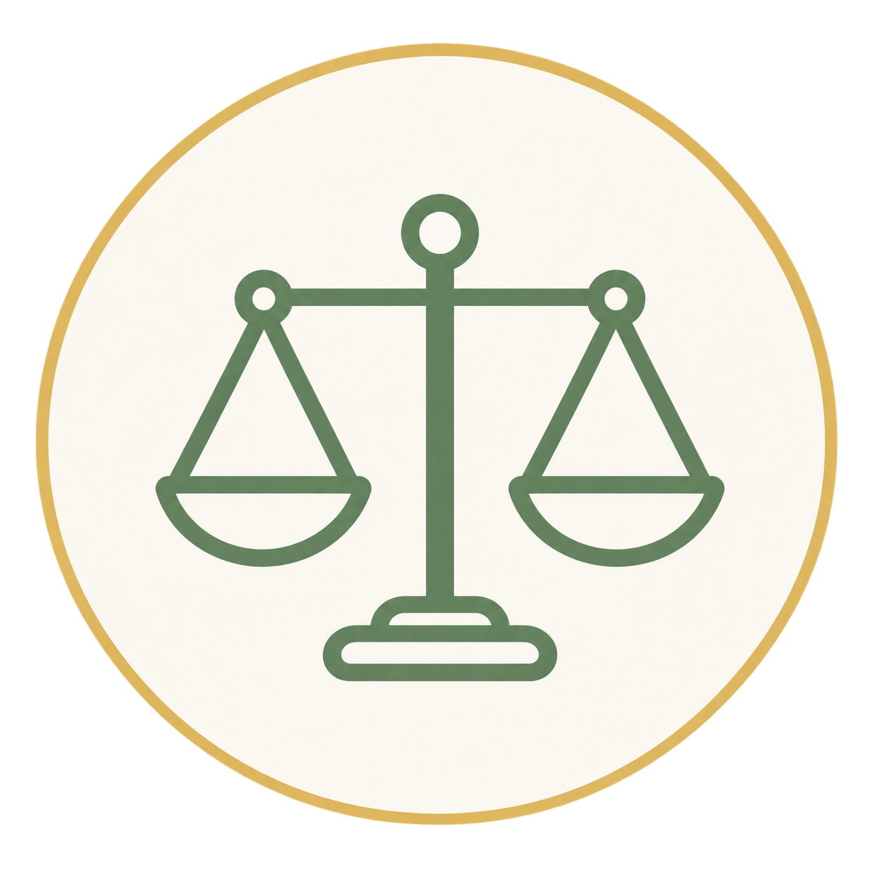 Outline drawing of a balanced scale, symbolizing justice or fairness, inside a circular frame.