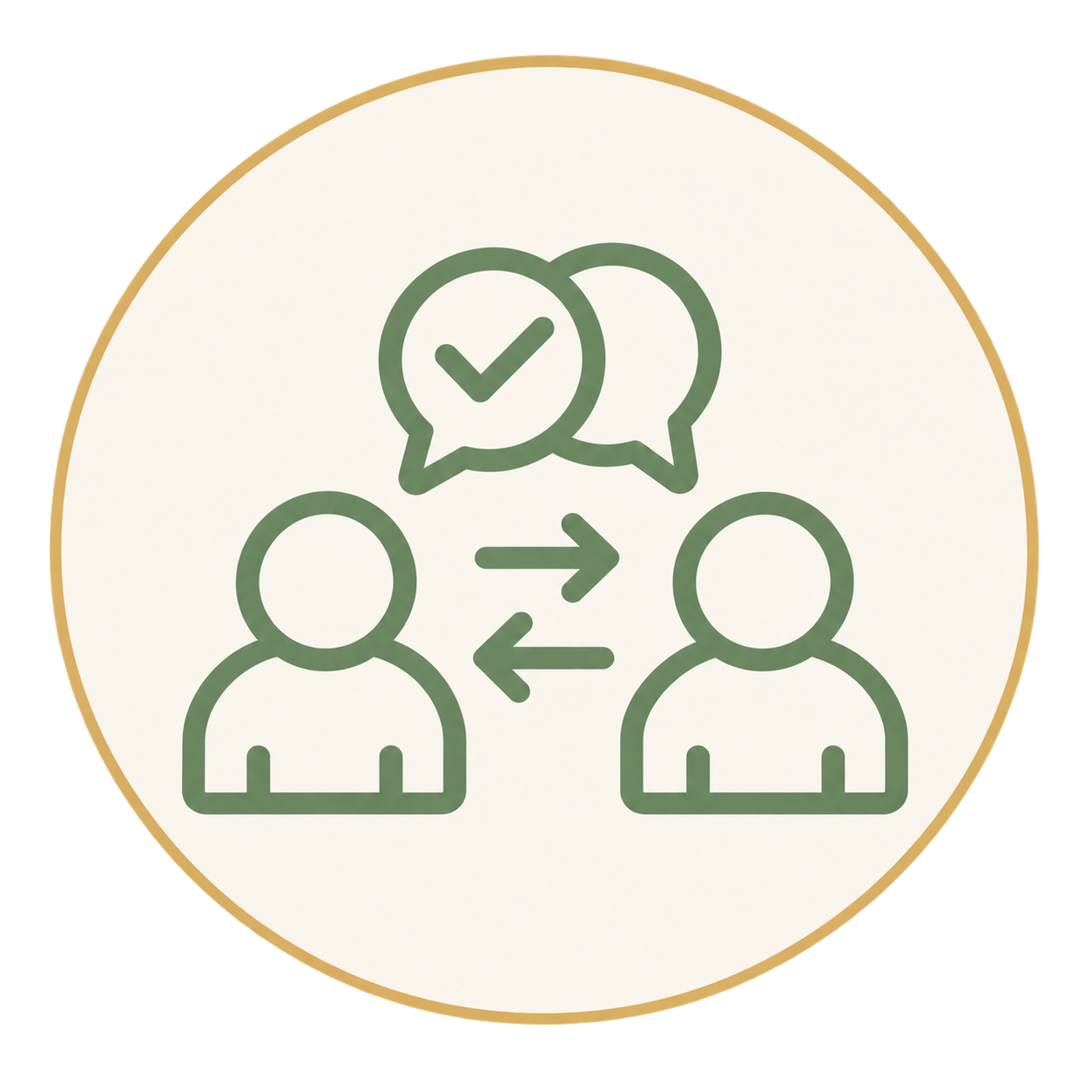 Icon of two people exchanging speech bubbles with a checkmark, indicating communication or chat.