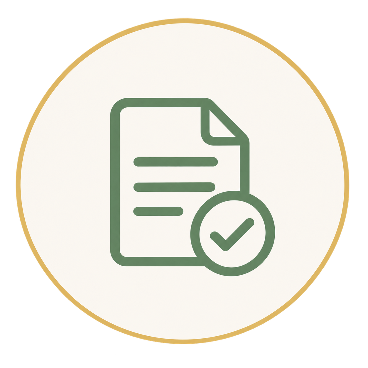 Icon of a document with lines of text and a checkmark in a circle indicating approval or completion.