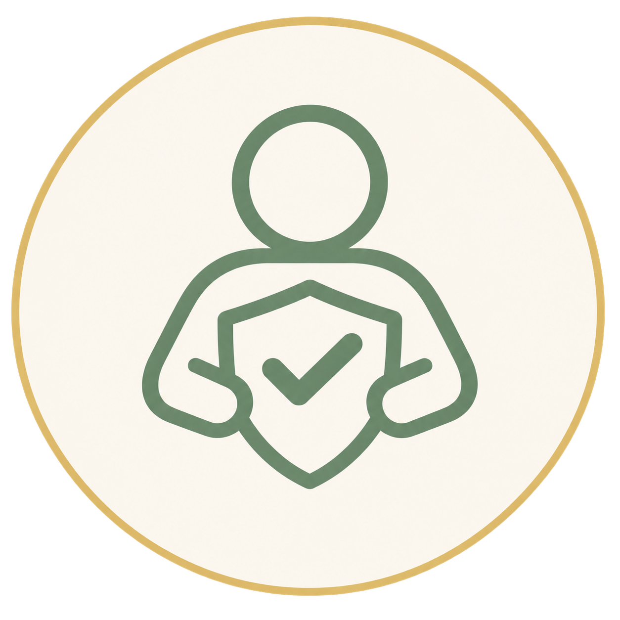 Outline of a person holding a shield with a checkmark.