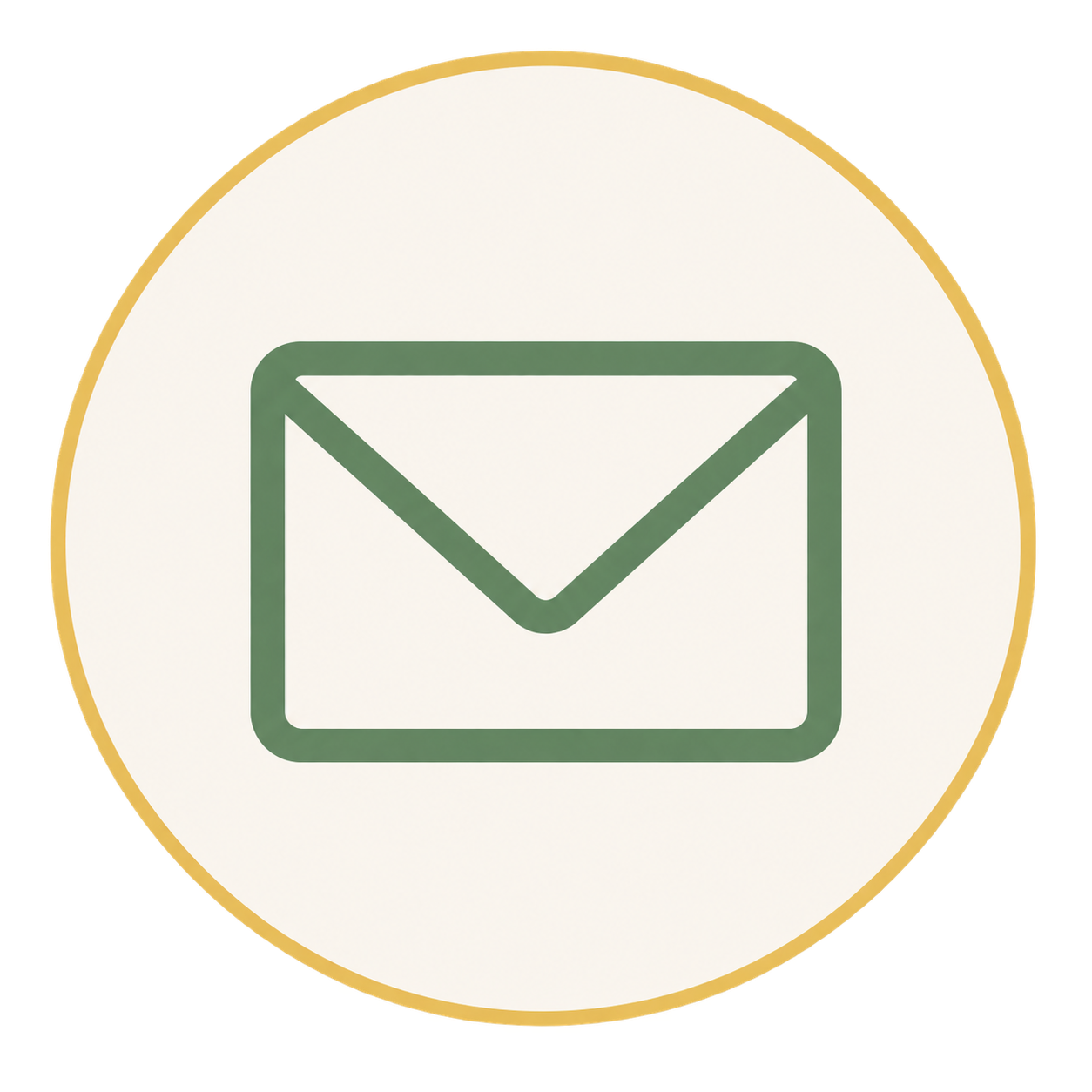 Icon of an envelope, representing email or messaging, inside a white circular badge with a gold border.