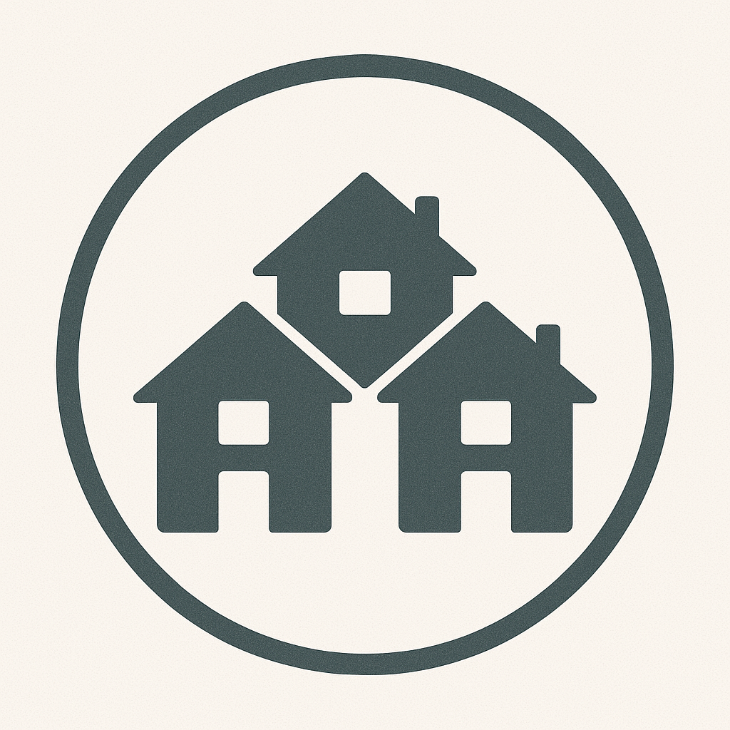 Icon of three houses inside a circle. Real-estate investment portfolio