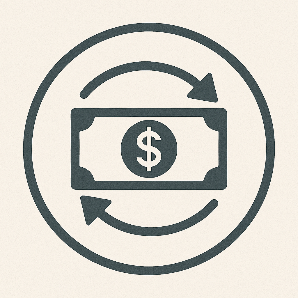 Icon representing money transfer or exchange with a dollar bill and circular arrows.