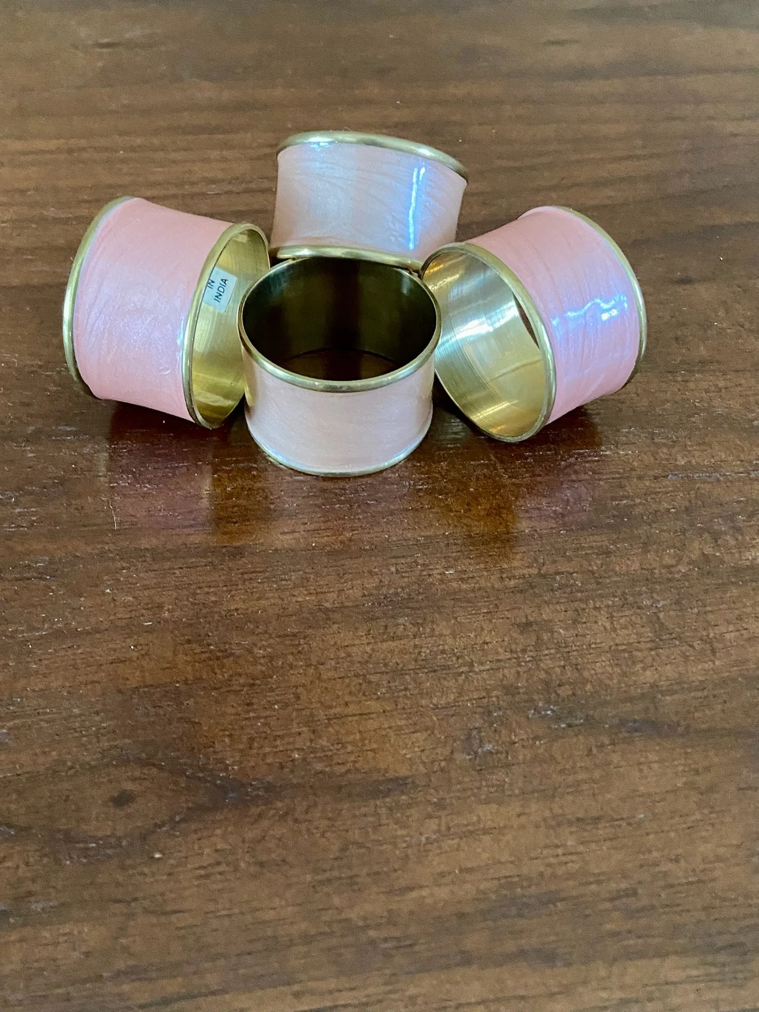 Elegant Brass & Pink Swirl Enamel Napkin Rings (Set of 4)