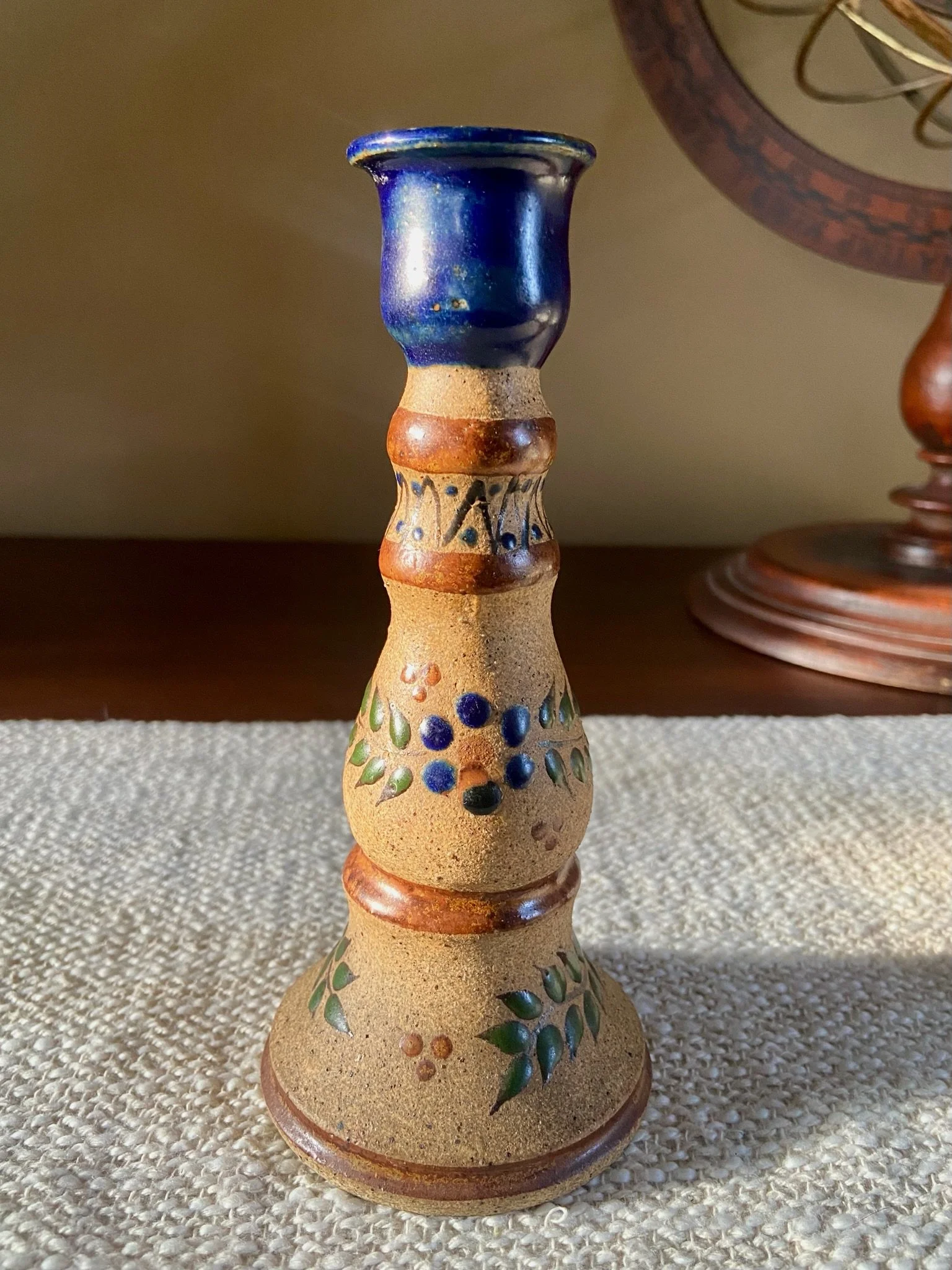 Handcrafted Tonala Mexican Pottery Candleholder with Floral Details