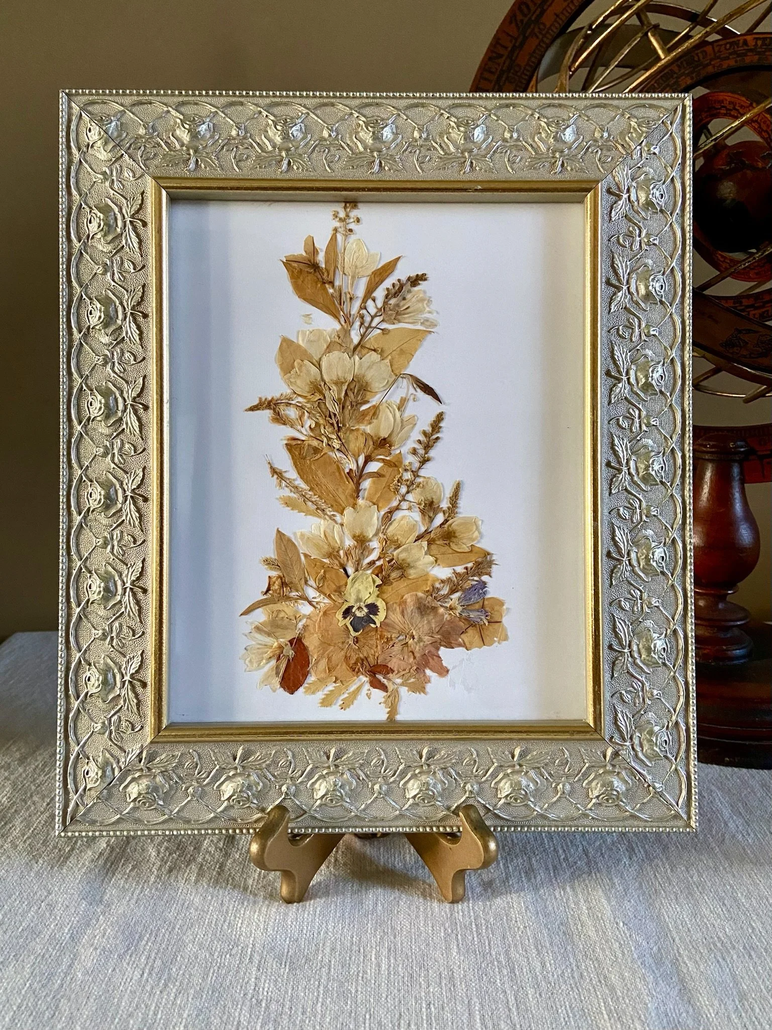 Pressed Flower Art in Ivory and Gold Embossed Frame