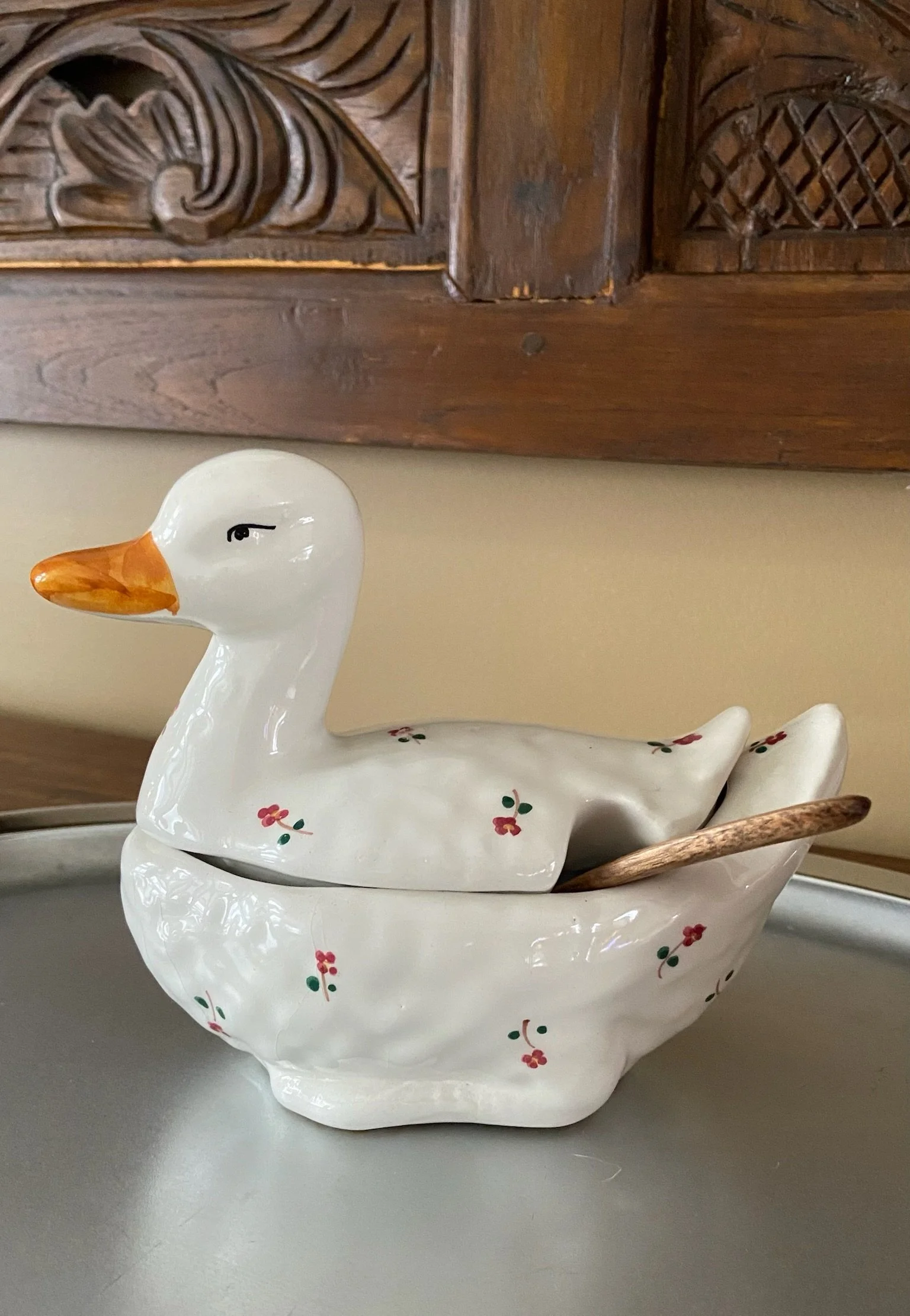 Handpainted Italian Ceramic Lidded Duck-shaped Gravy Bowl