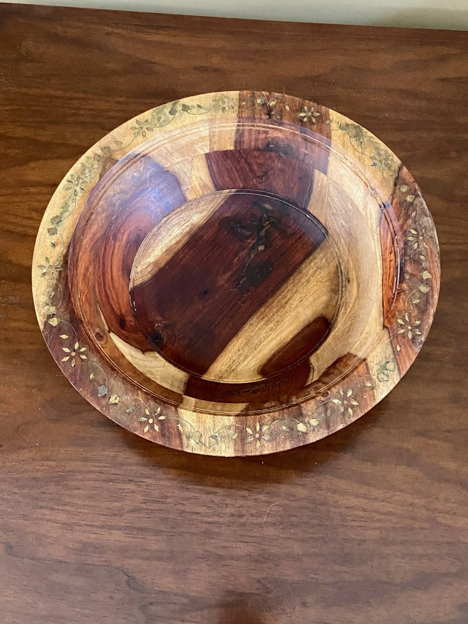 Handmade Wooden Bowl with Floral Metal Inlay