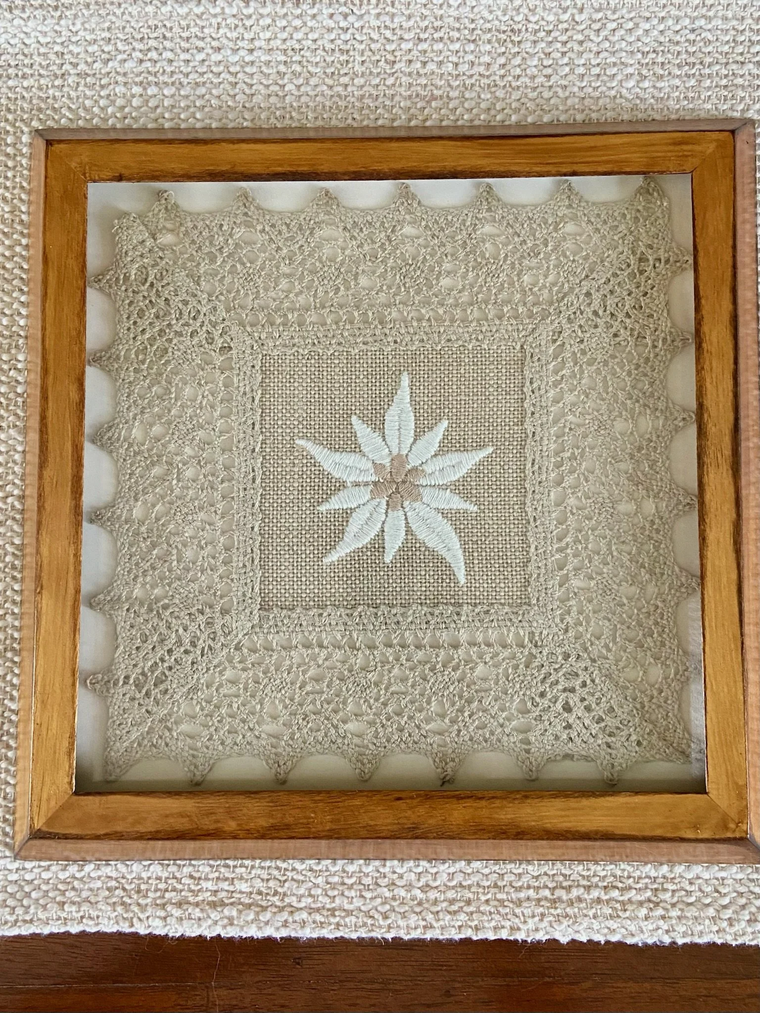 Framed Vintage Edelweiss Embroidered Doily