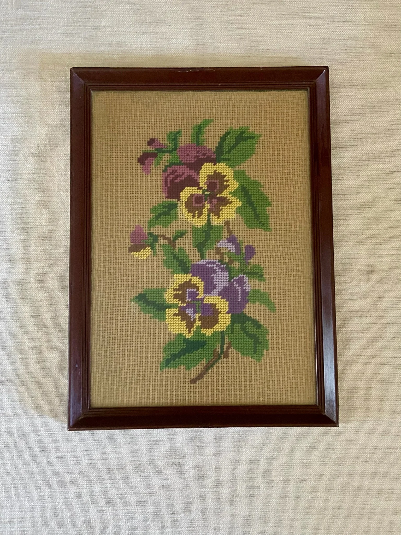 Charming Vintage Framed Purple Pansy Needlepoint
