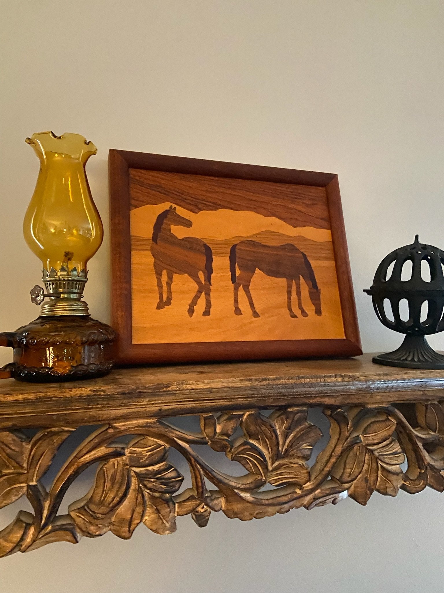 Grazing Horses Wood Marquetry  Artwork