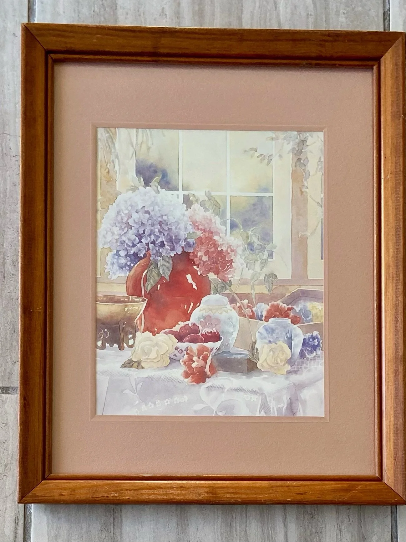 Hydrangeas in Red Vase - Matted & Framed Watercolor Art