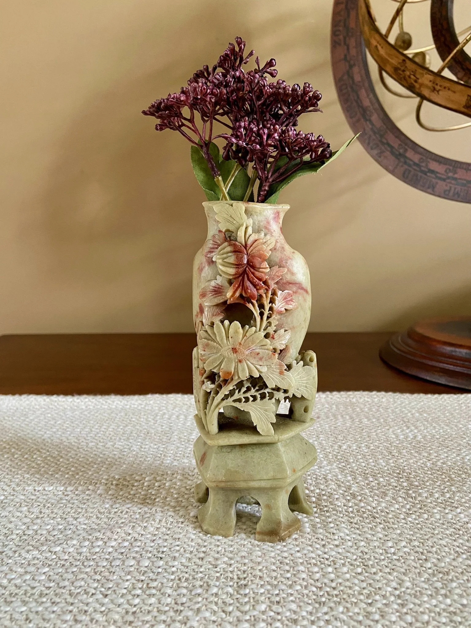 Asian Style Floral Carved Soapstone Vase