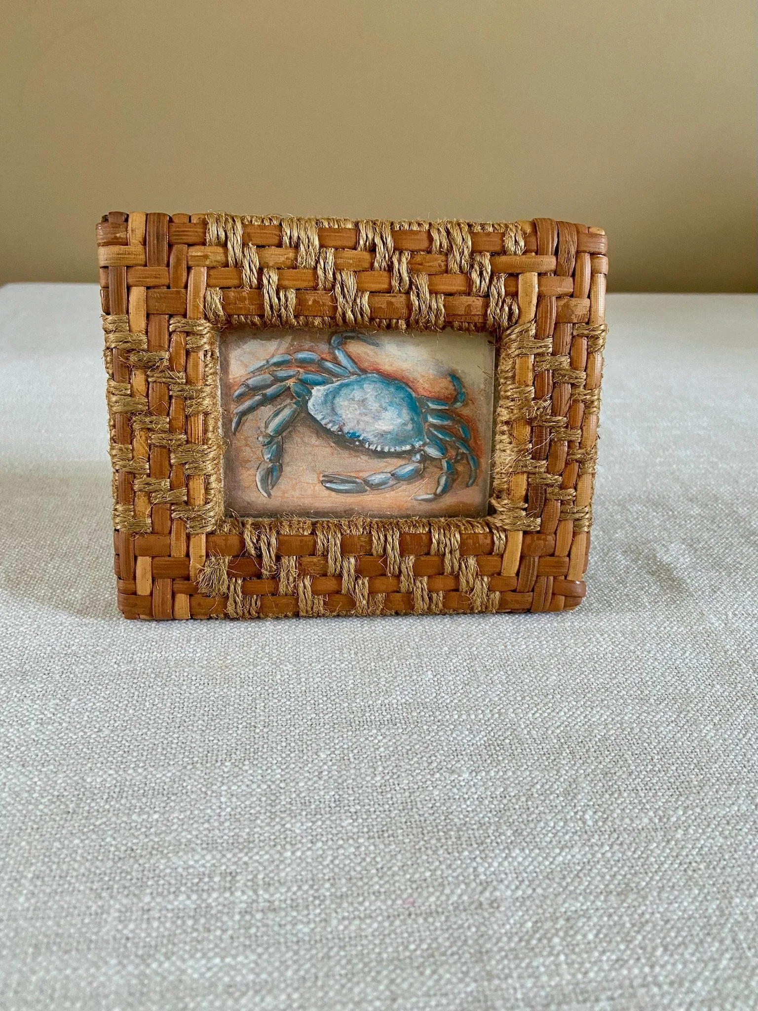 Small Handcrafted Woven Wicker Frame with Blue Crab Art Print