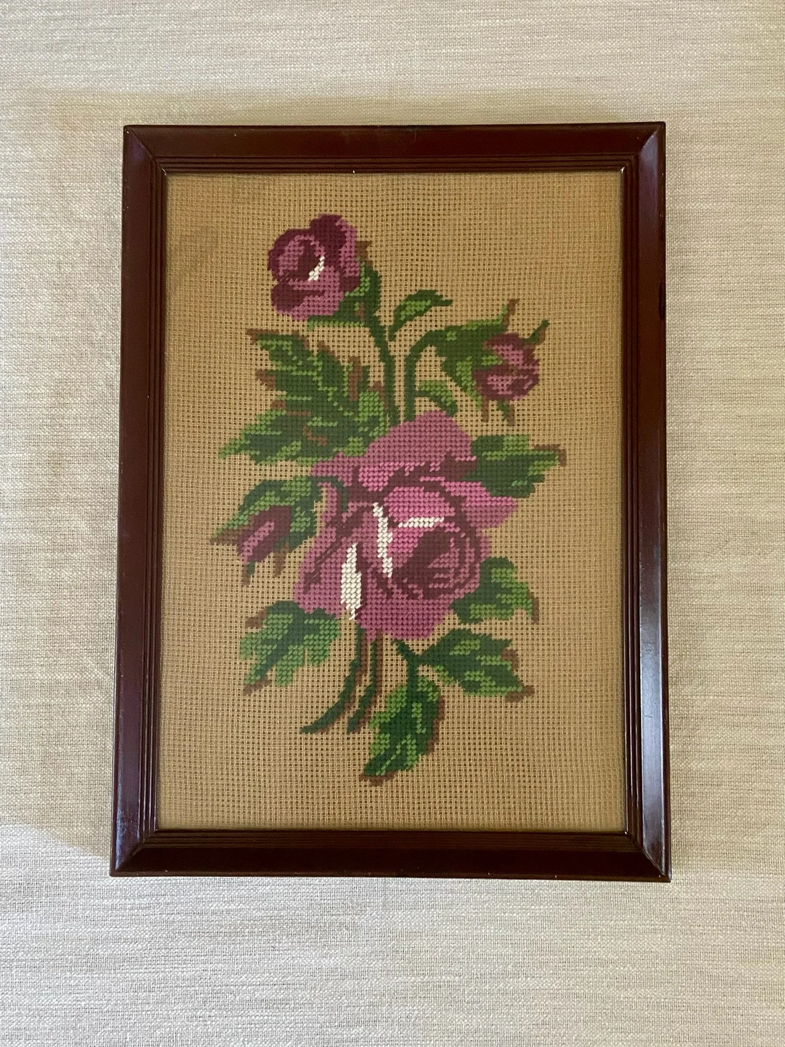 Framed Vintage Needlepoint Pink Rose Artwork
