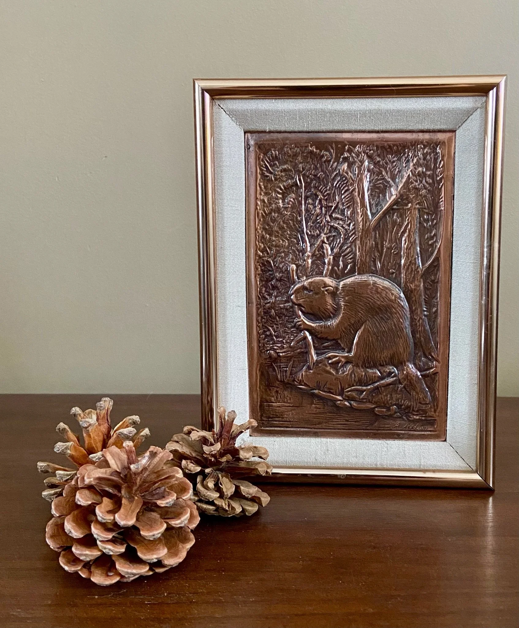 Vintage Framed Copper Beaver Plaque by Albert Nadeau