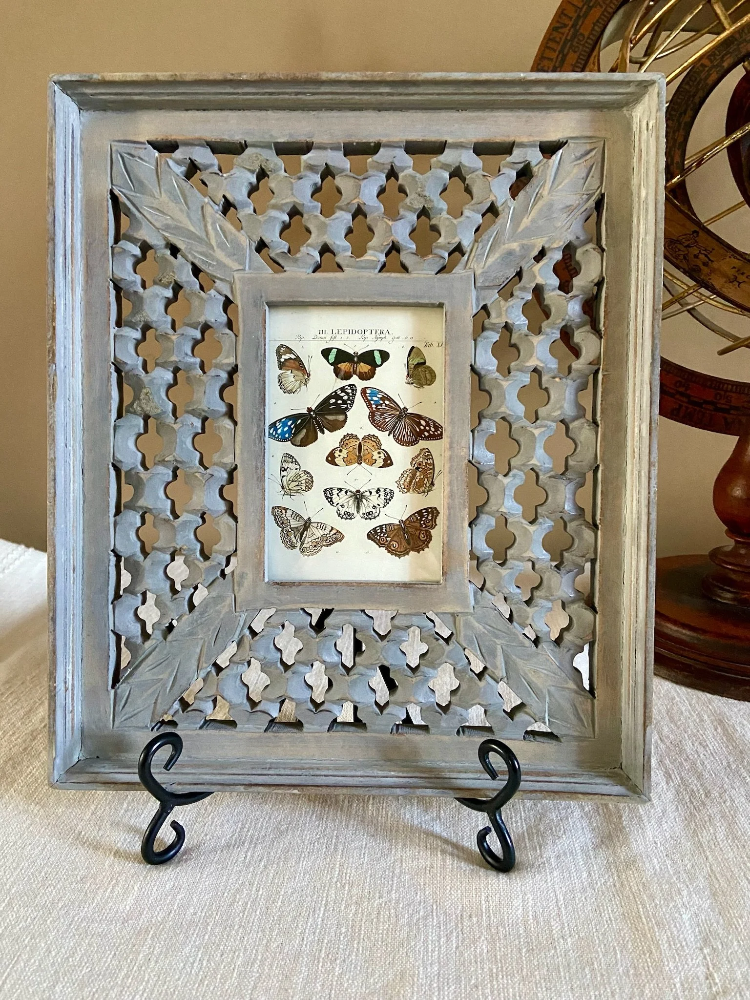 Handcarved Gray Wooden Jali Lattice Framed Butterfly Art Print