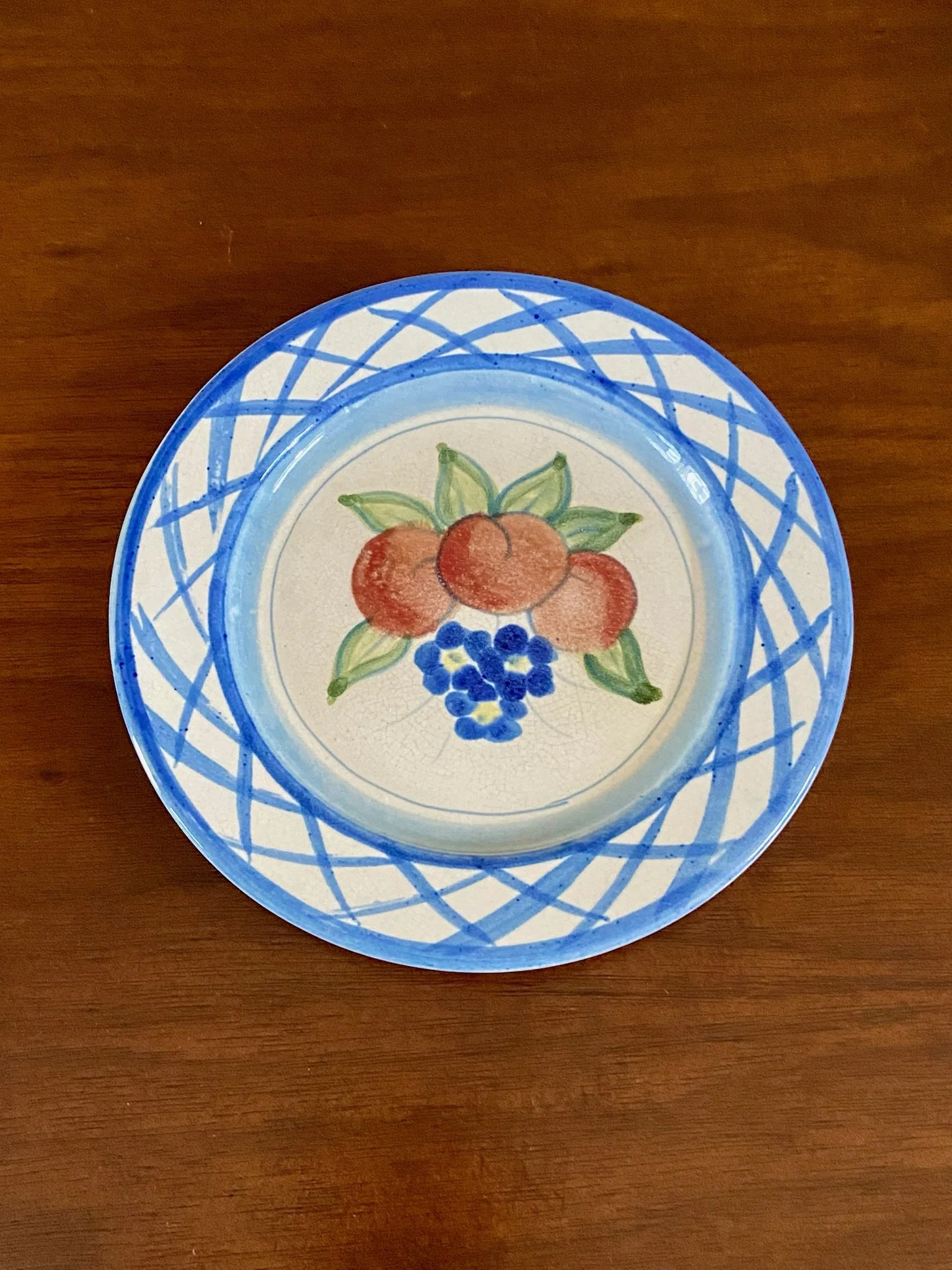 Blue and White Lattice Cabriere Faience Peach Plate