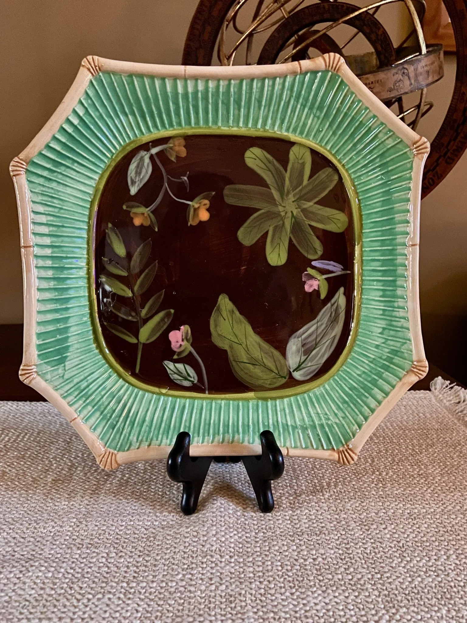 Handpainted Majolica Platter with Bamboo and Floral Design