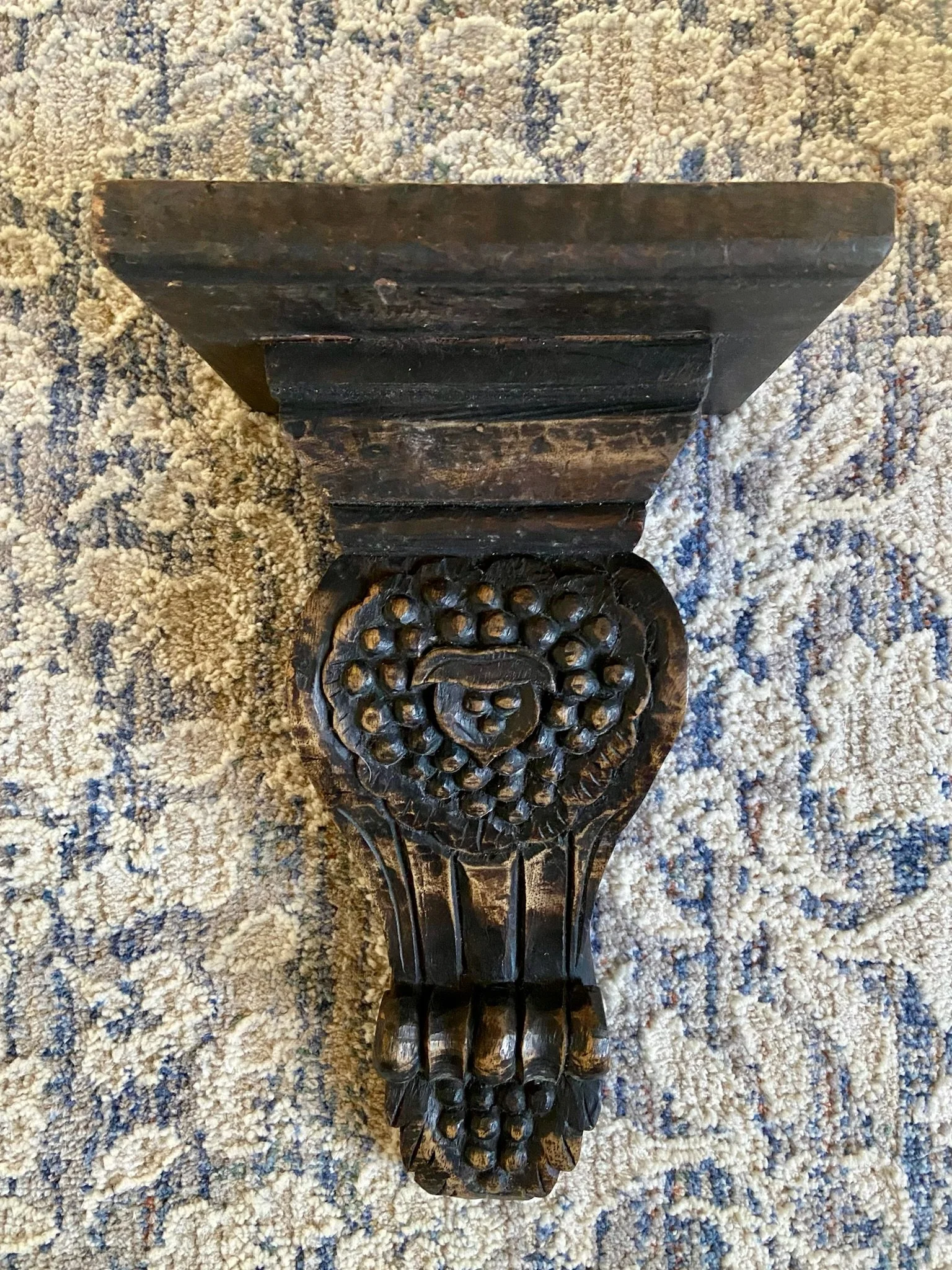 Vintage Rustic Handcarved Dark Wood Corbel Shelf with Grape Cluster Design