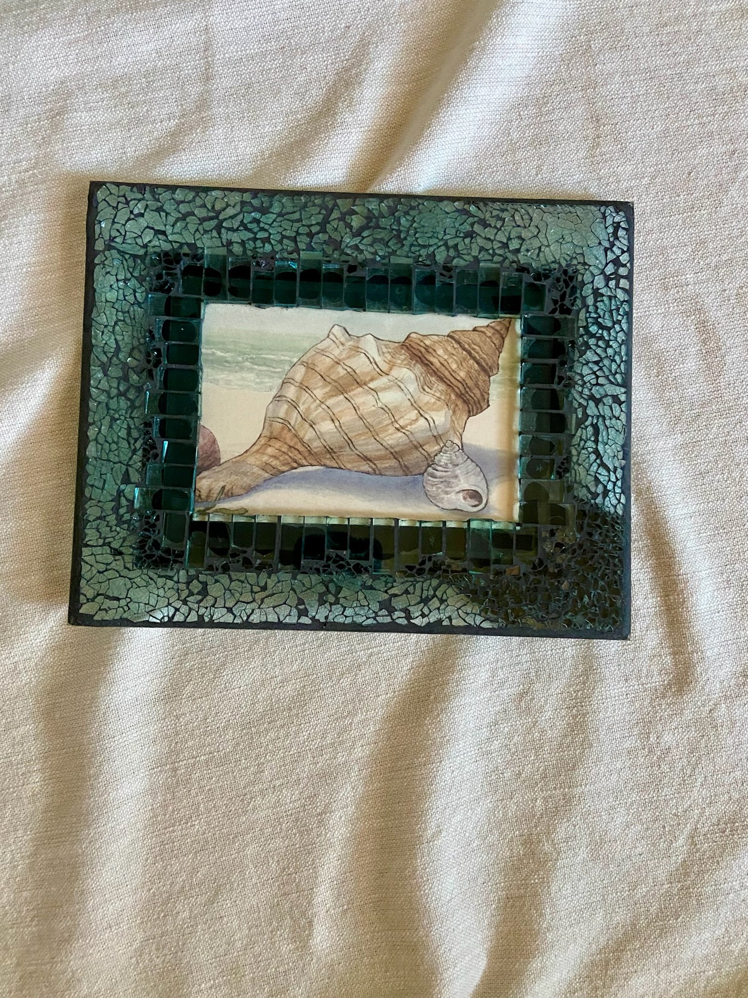 Seashell Art Print by Barbara Fieri in a Blue Glass Mosaic Frame.