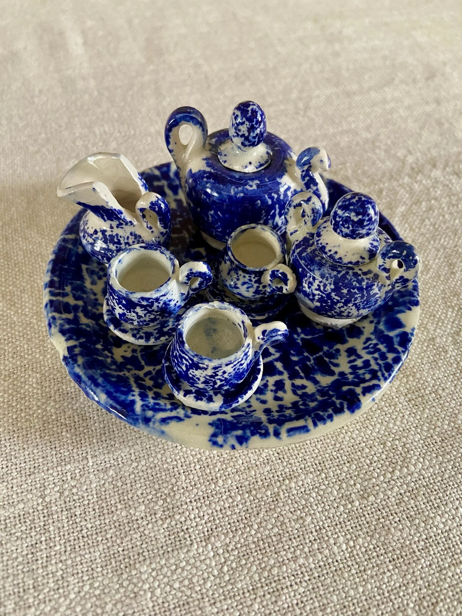 Miniature Vintage Blue Sponge Ware Tea Set