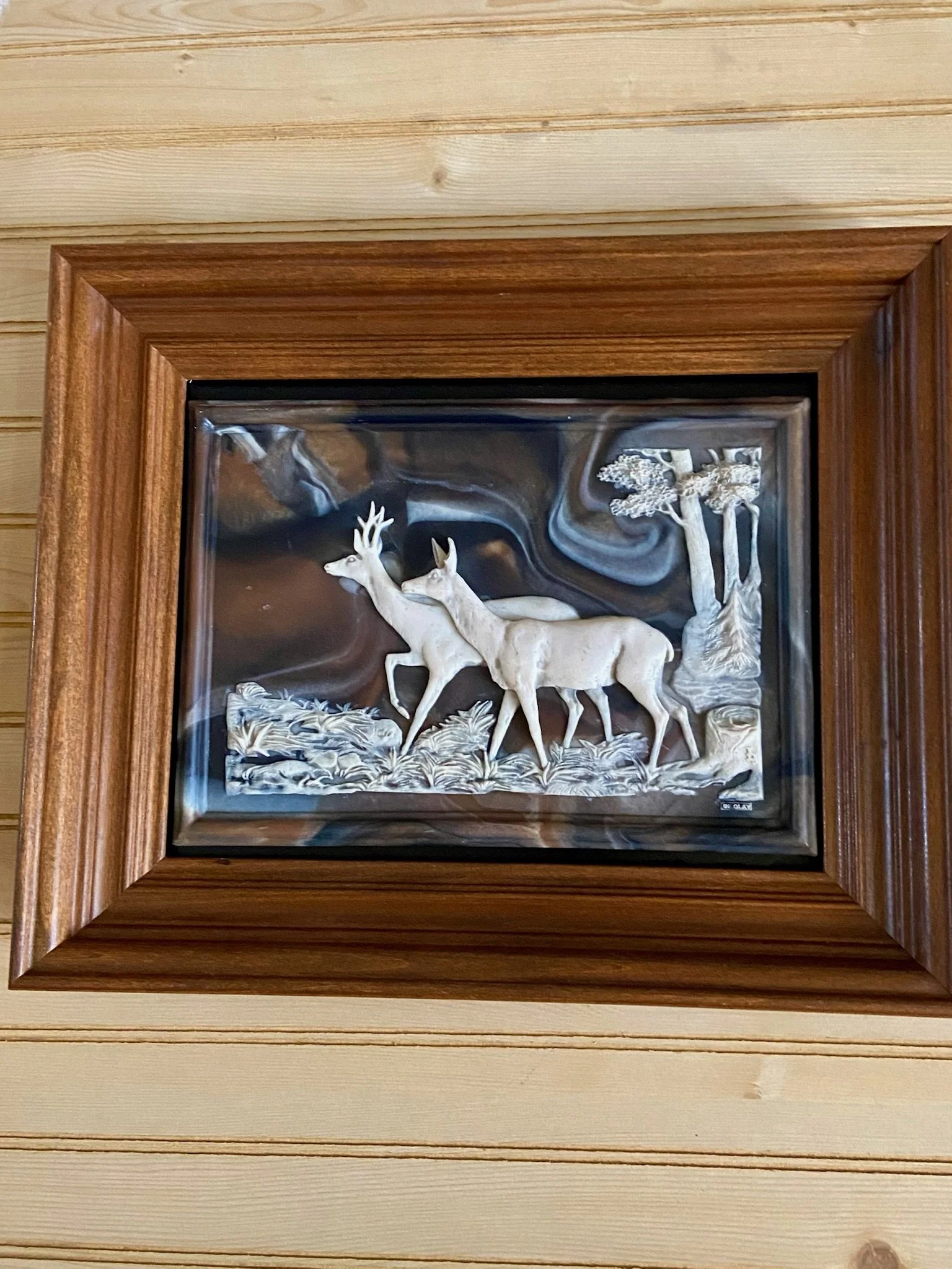 Framed Vintage Dante Incolay Marbled Stone Relief Forest Scene