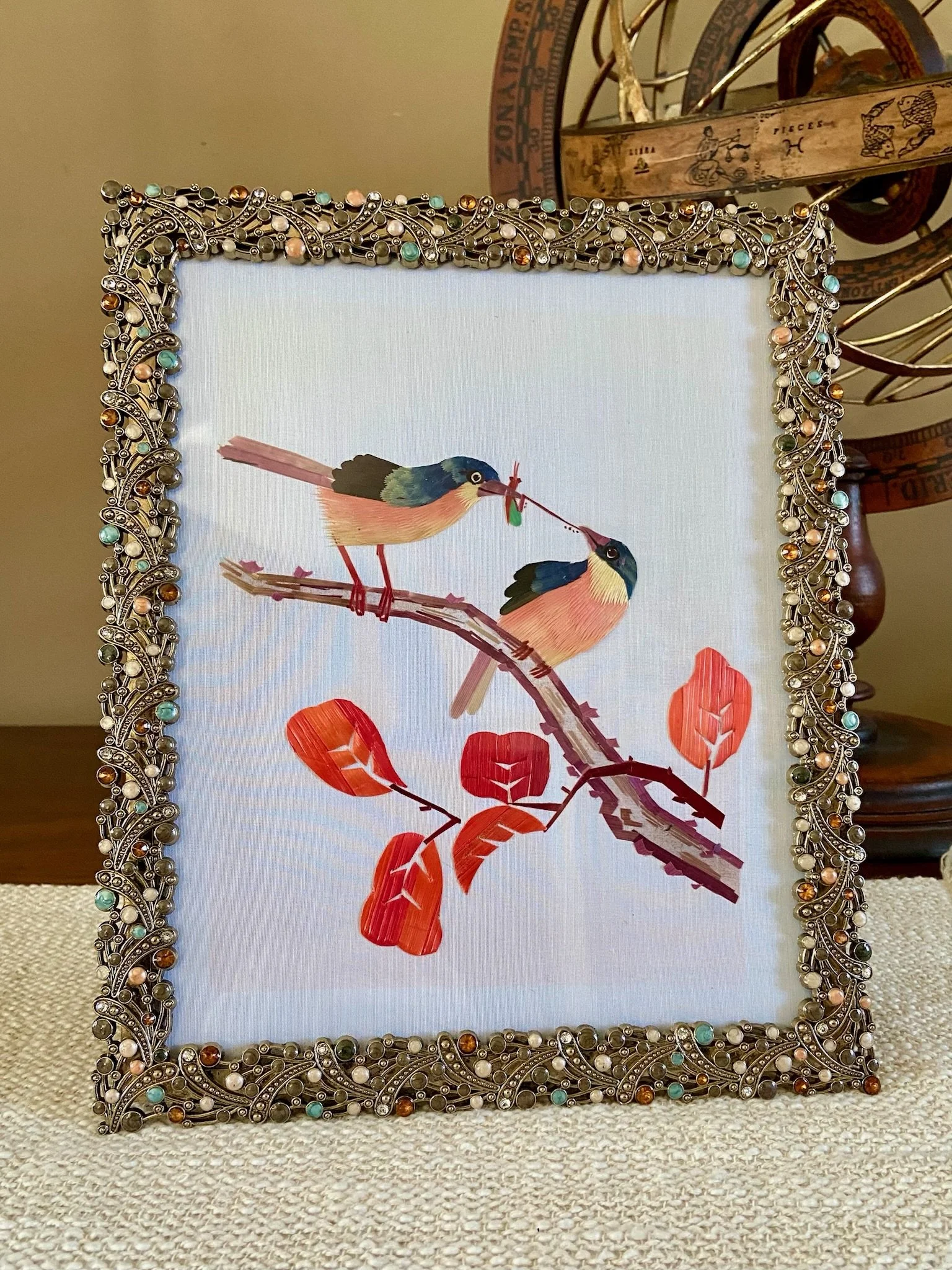 Chinese Wheat Stalk Patchwork "Maimo" Art featuring Perching Birds