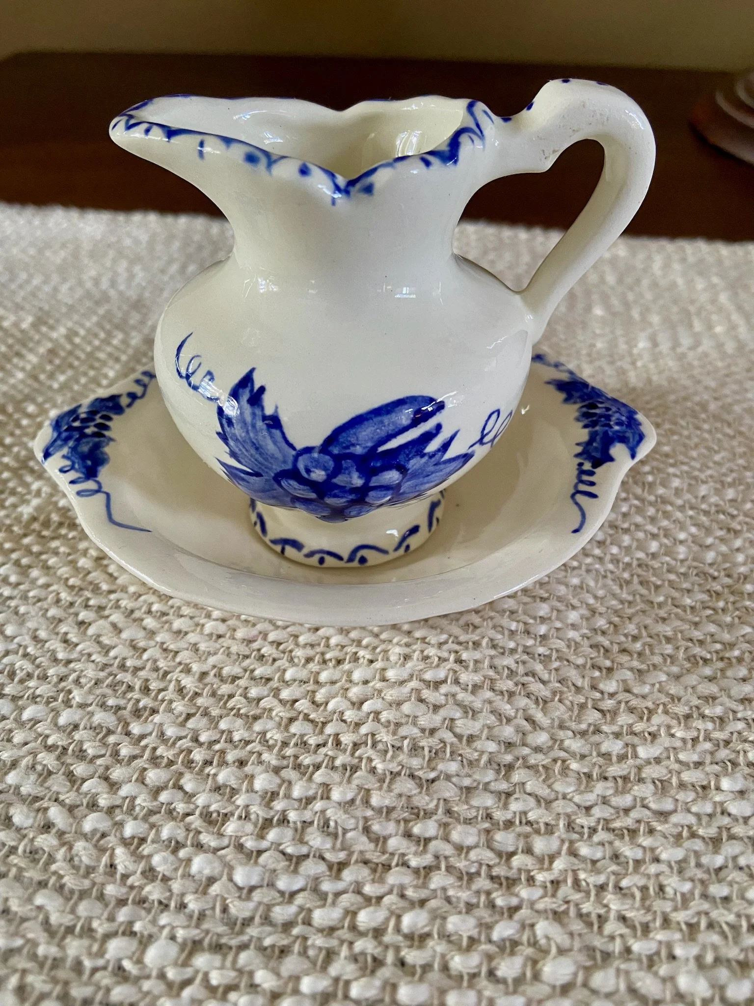 Mini Blue and White Floral Ceramic Pitcher and Wash Bowl