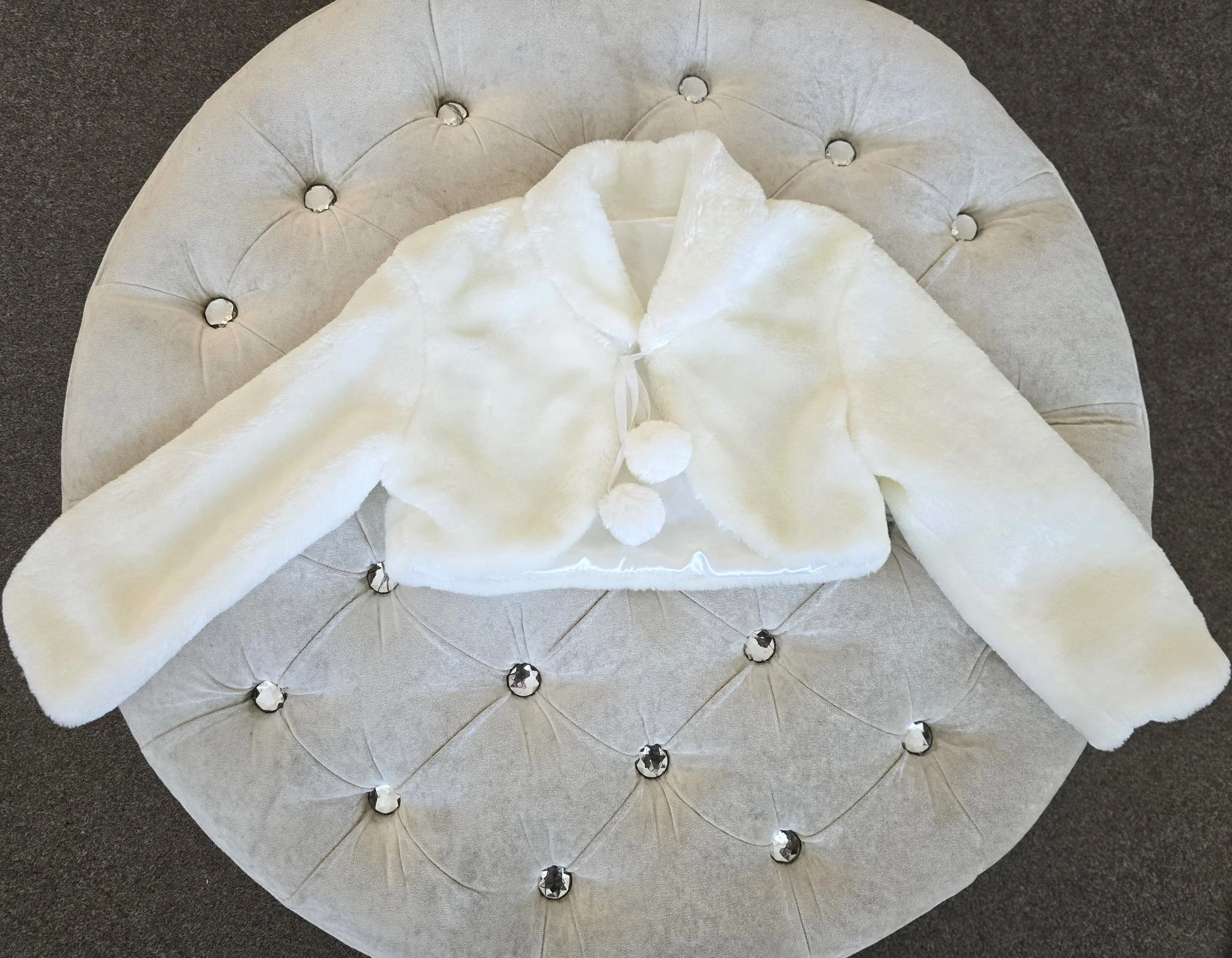 Faux Fur Pom Pom Bolero - Ivory & White