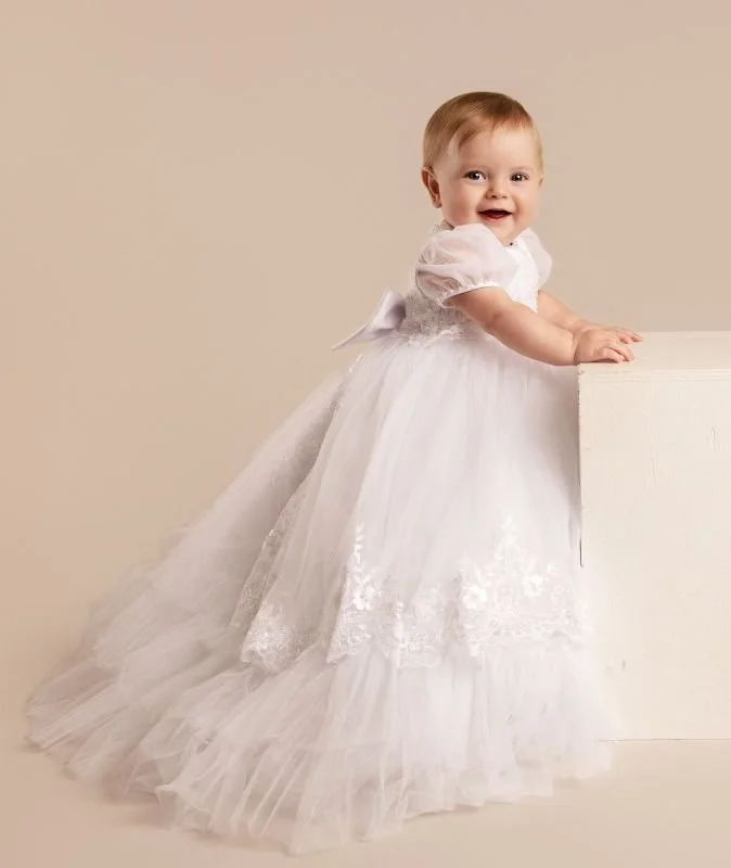 Zaya Lace & Tulle Christening Gown & Bonnet