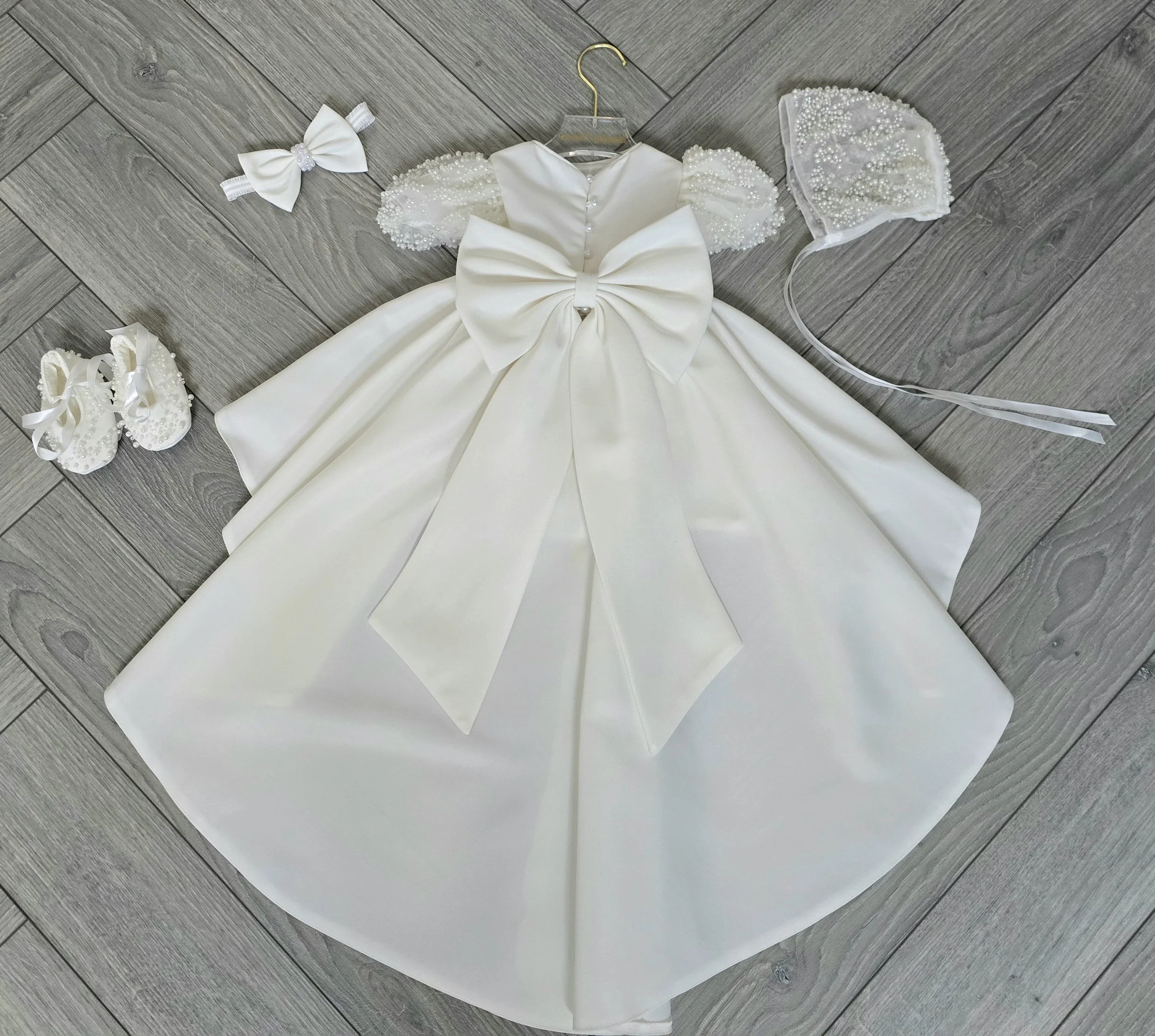 Paige Pearl Mikado Satin Dress With Trail & Bonnet