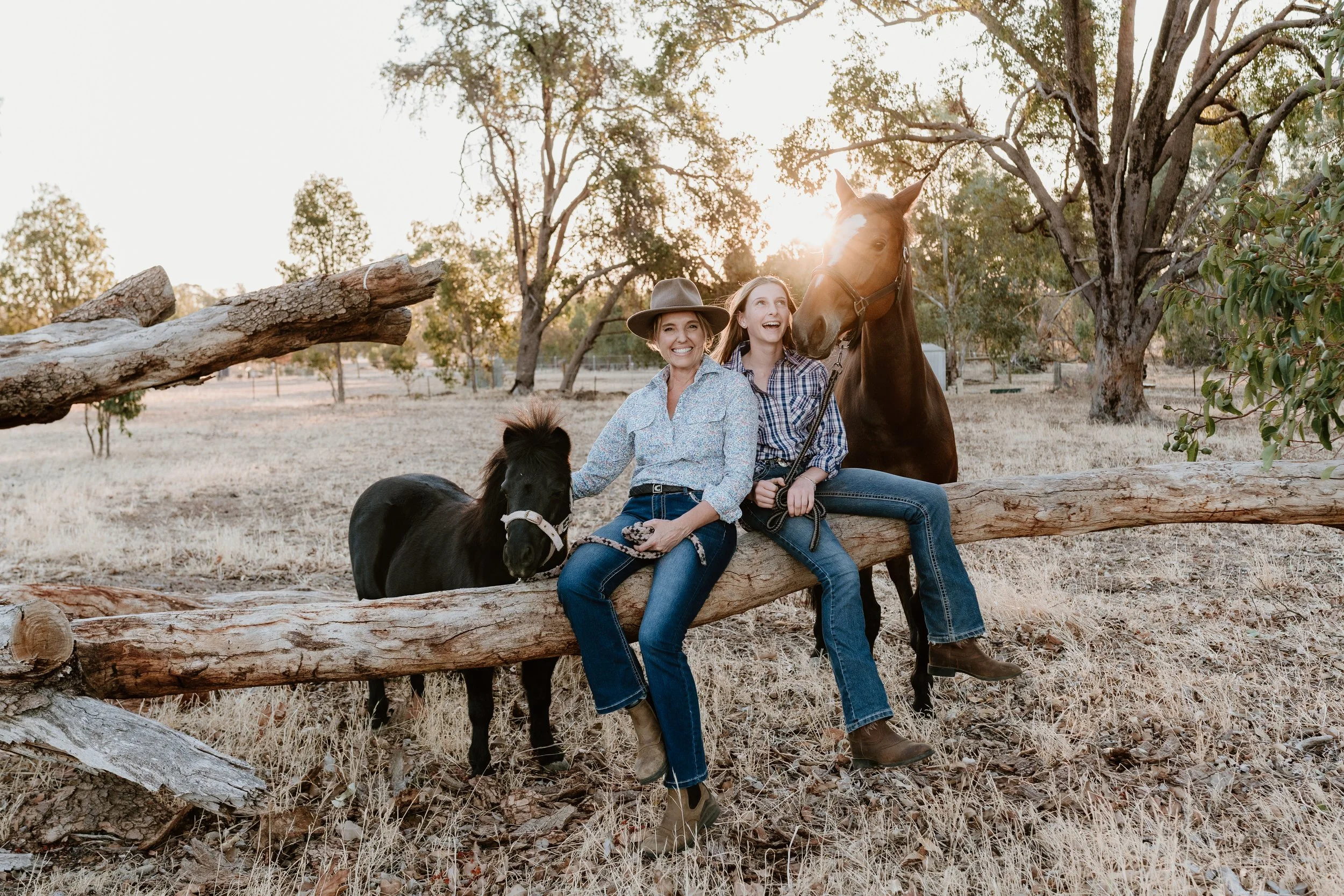 Two women sitting on a log with two horses and a small pony in a field with trees and sunlight in the background.