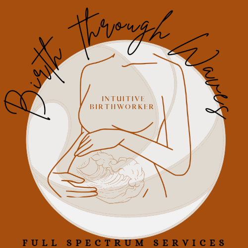 Stylized line drawing of a pregnant woman holding her belly inside a circular design, with handwritten text reading 'Birth through Waves' around the top and 'Full Spectrum Services' at the bottom, on a brown background.