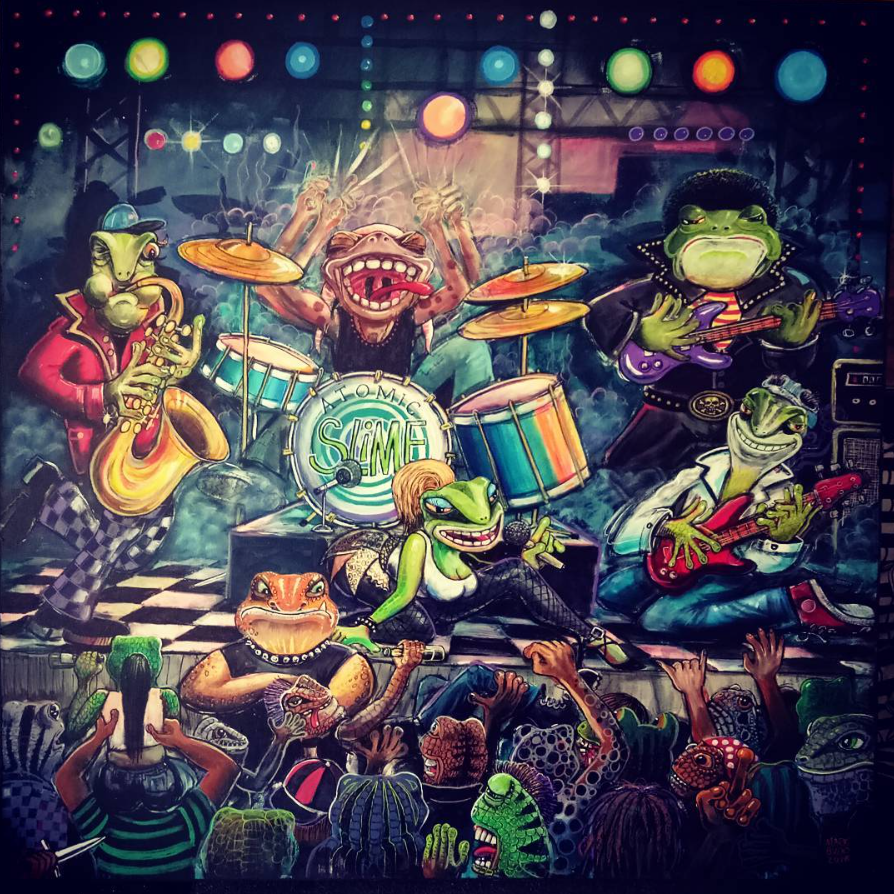 Colorful cartoon-style illustration of a frog band performing on stage, including frogs playing saxophone, drums, electric guitar, and microphone, with cartoon audience cheering.