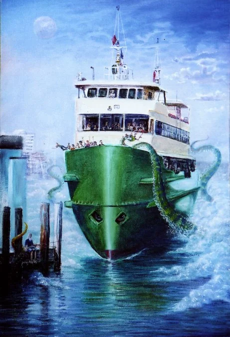 Painting of a large green ferry boat approaching a dock on a cloudy day with the moon visible in the sky.