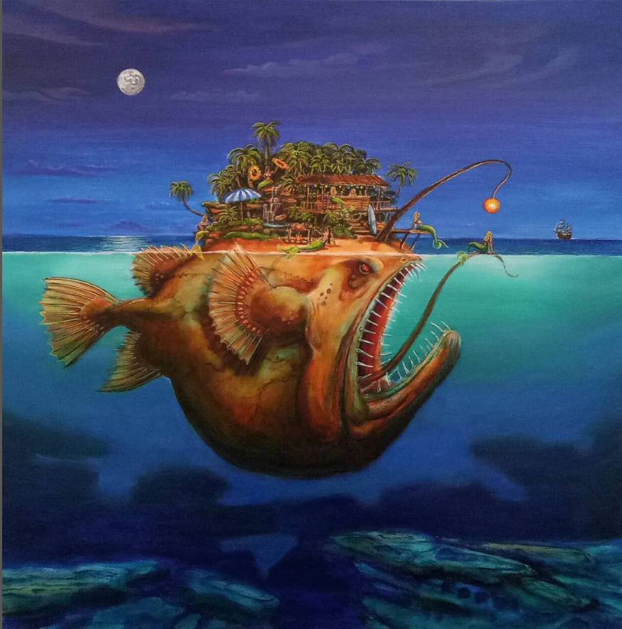 A surreal painting of a giant fish underwater with a tropical island and houses on its back, under a night sky with the moon and a small boat in the distance.