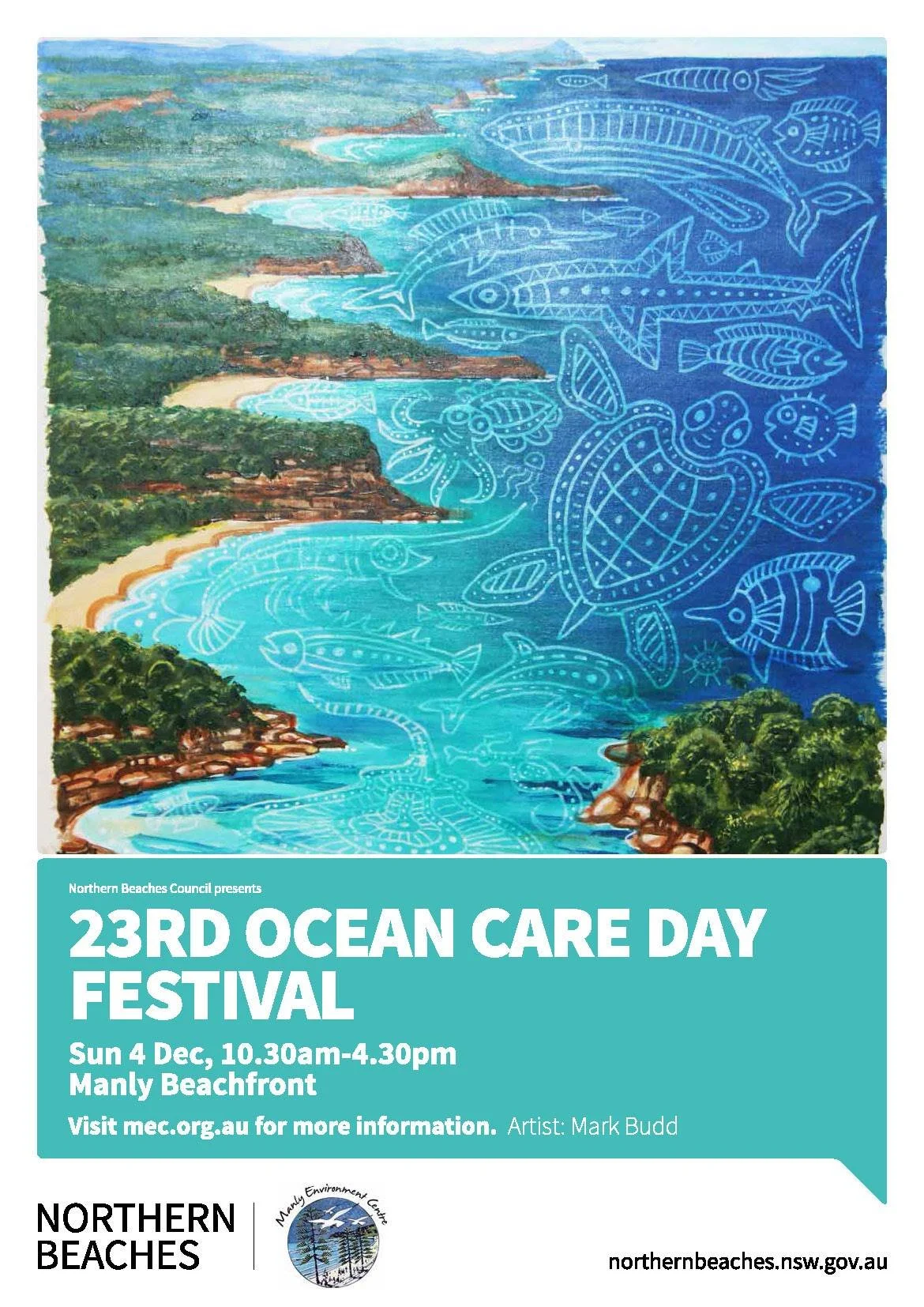 A promotional poster for the 23rd Ocean Care Day Festival featuring an artistic landscape of a coastline with cliffs, trees, and water, overlaid with white line drawings of various sea creatures.