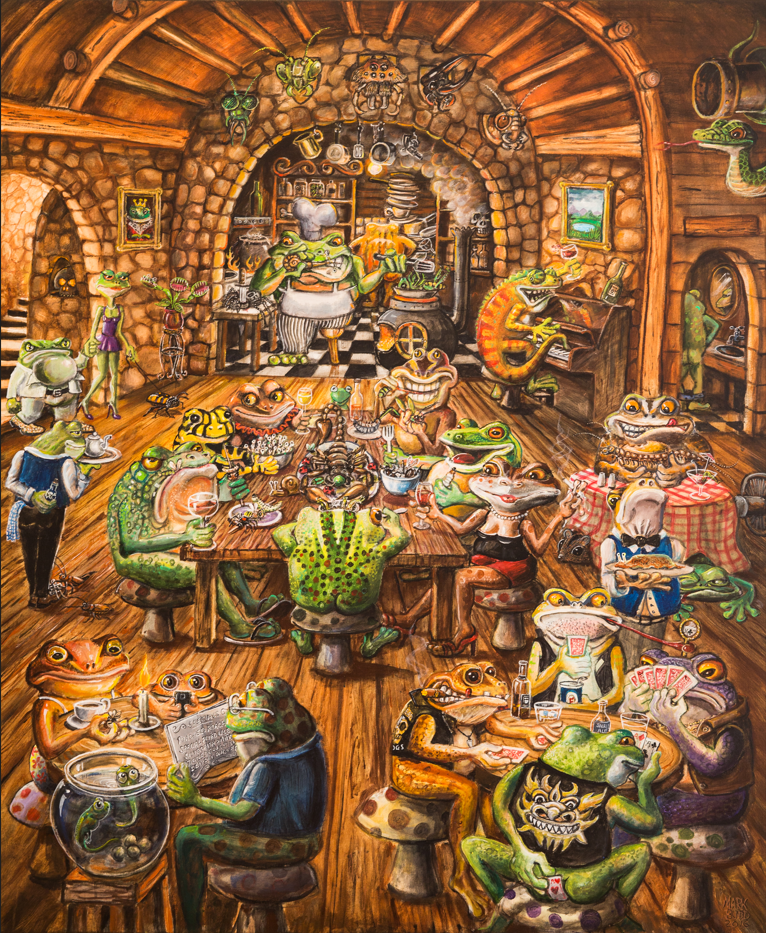 A lively illustration of anthropomorphic frogs, toads, and lizards enjoying a feast in a rustic tavern. They are seated around tables with food and drinks, some playing musical instruments, reading, or holding cards. The tavern features wooden beams, stone walls, and decorative masks hanging above.