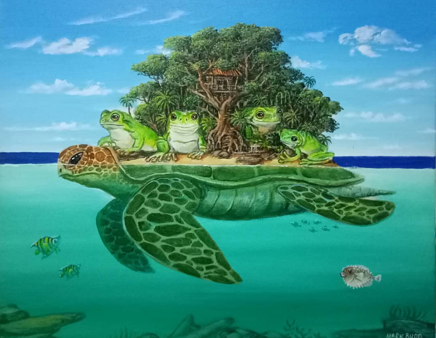 Illustration of a large turtle with an island on its back, featuring trees, frogs, and a treehouse, with fish swimming in the water.