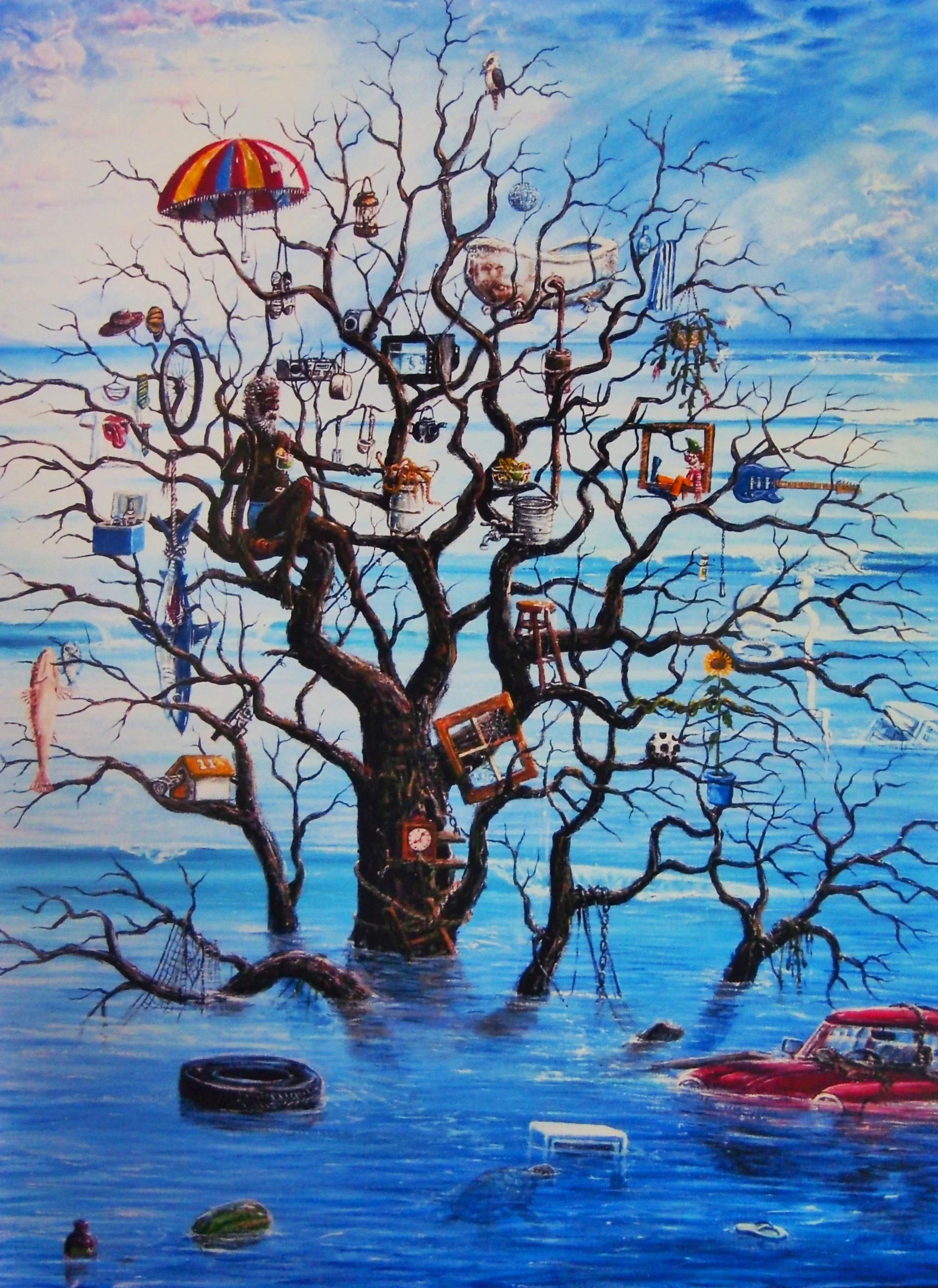 A surreal painting of a leafless tree emerging from floodwaters, with various objects hanging from its branches, including a surfboard, umbrella, camera, and other household items, against a cloudy sky background.