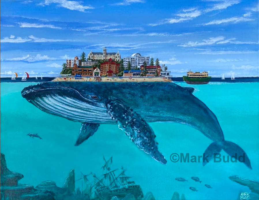 Surreal painting of Whale Island with Manly on its back by Mark Budd