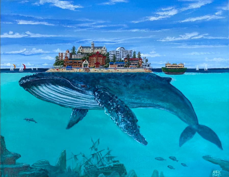 Painting of a large whale swimming in the ocean with a cityscape and sailboats in the background.
