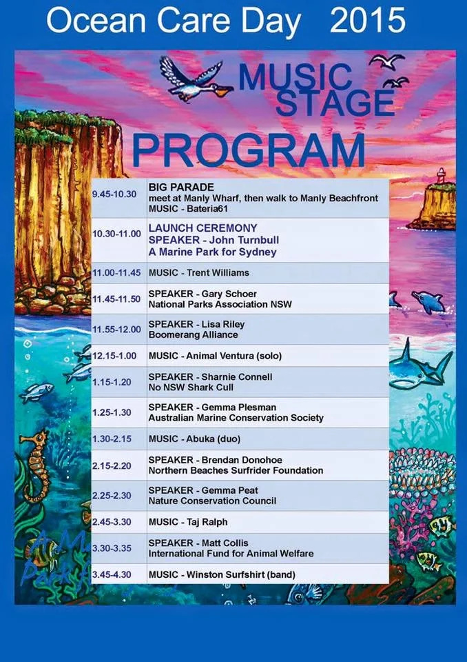 Schedule for Ocean Care Day 2015 featuring a music stage program with timings, speakers, and musical acts, set against an illustrated ocean-themed background with cliffs, sea animals, and colorful underwater scenes.