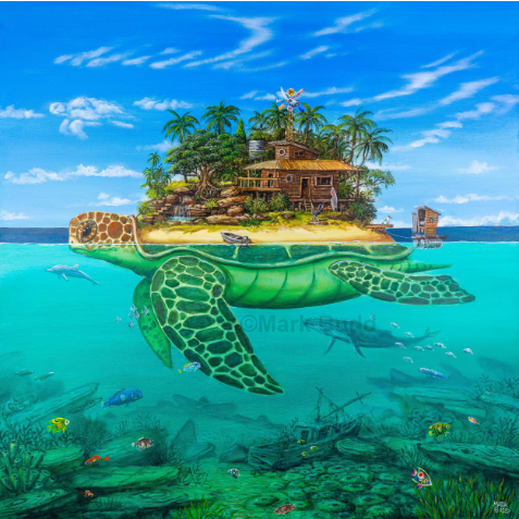 Surreal turtle island painting, floating fantasy island with lush greenery, waterfalls, clouds, and imaginative landscape, whimsical fantasy artwork